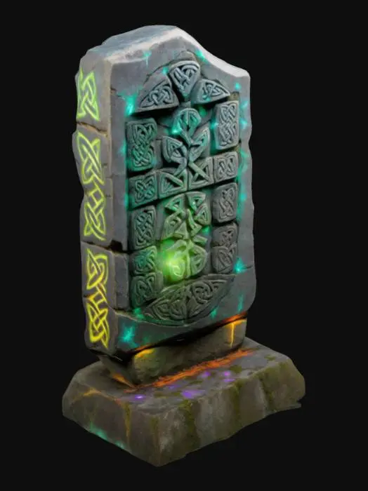 3D model for "A stylized, rugged standing stone with glowing Celtic runes carved into its surface, placed atop a weathered stone pedestal. The stone has uneven, exaggerated edges and a slightly cartoonish, vibrant design inspired by Kena: Bridge of Spirits. The glowing runes emit a soft, magical light, accentuating the mystical charm."