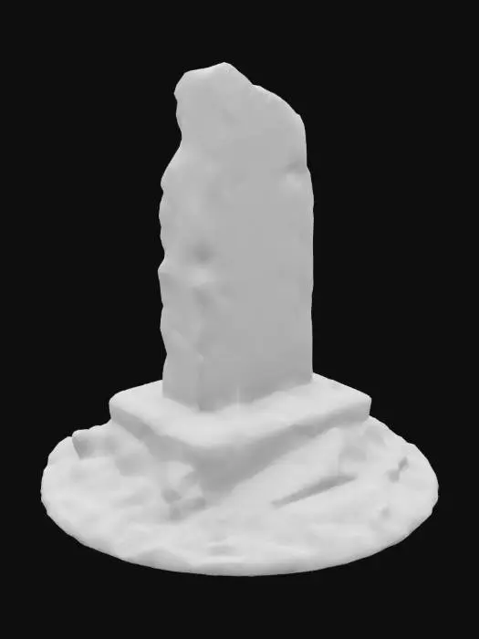 3D model for "A stylized standing stone with a dynamic, upward-reaching shape, featuring uneven, jagged edges that taper gently toward the top, evoking a sense of mysticism. The stone is adorned with glowing Celtic runes that pulse with vibrant, magical light. It rests on a large, elevated stone platform—wide and intricately textured—designed to feel like a sacred foundation. The overall look is colorful, magical, and vibrant, with a distinct stylized fantasy aesthetic inspired by Kena: Bridge of Spirits."