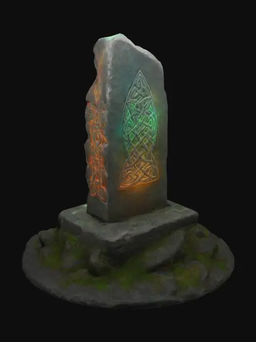 3D model for "A stylized standing stone with a dynamic, upward-reaching shape, featuring uneven, jagged edges that taper gently toward the top, evoking a sense of mysticism. The stone is adorned with glowing Celtic runes that pulse with vibrant, magical light. It rests on a large, elevated stone platform—wide and intricately textured—designed to feel like a sacred foundation. The overall look is colorful, magical, and vibrant, with a distinct stylized fantasy aesthetic inspired by Kena: Bridge of Spirits."