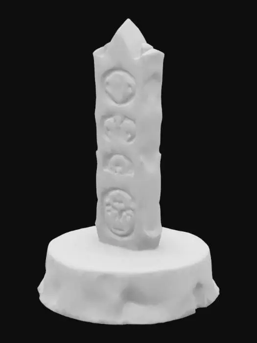 3D model for "A stylized standing stone with a dynamic, upward-reaching shape, featuring uneven, jagged edges that taper gently toward the top, evoking a sense of mysticism. The stone is adorned with glowing Celtic runes that pulse with vibrant, magical light. It rests on a large, elevated stone platform—wide and intricately textured—designed to feel like a sacred foundation. The overall look is colorful, magical, and vibrant, with a distinct stylized fantasy aesthetic inspired by Kena: Bridge of Spirits."