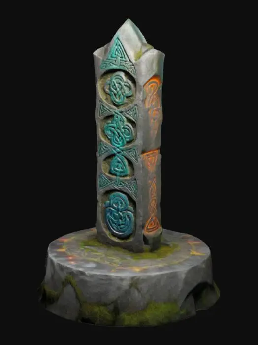 3D model for "A stylized standing stone with a dynamic, upward-reaching shape, featuring uneven, jagged edges that taper gently toward the top, evoking a sense of mysticism. The stone is adorned with glowing Celtic runes that pulse with vibrant, magical light. It rests on a large, elevated stone platform—wide and intricately textured—designed to feel like a sacred foundation. The overall look is colorful, magical, and vibrant, with a distinct stylized fantasy aesthetic inspired by Kena: Bridge of Spirits."