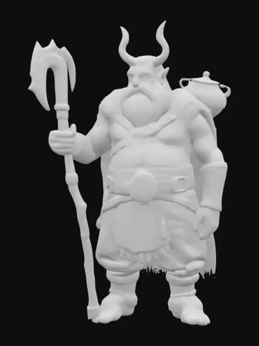 3D model for [Ireland] A stylized 3D figure of the Dagda, god of abundance and strength. He carries a large ornate club and a cauldron slung over his shoulder. His design is large, friendly but imposing, with Celtic knotwork tattoos and a thick cloak of moss and furs. Clean, simplified, and slightly cartoonish in style. #AroundTheWorld#