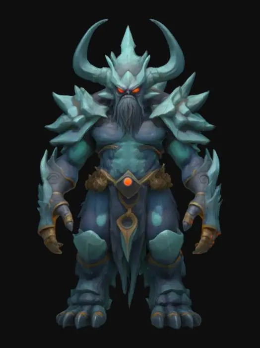 3D model for [Ireland] A stylized 3D model of Balor, the monstrous giant of the Fomorians. He has a single glowing eye sealed behind a layered helm, and jagged armor shaped like craggy rock and sea foam. His size is massive, and the design is stylized, clean, and slightly cartoonish. #AroundTheWorld#
