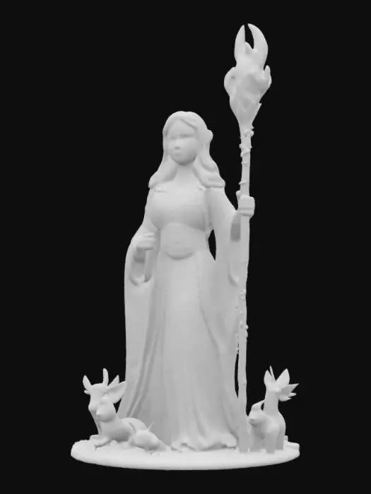 3D model for [Ireland] A stylized 3D depiction of Brigid, goddess of healing, poetry, and the forge. She stands tall with a staff entwined in flames and vines, and wears a flowing cloak with Celtic spirals and knotwork. Her form is stylized, clean, slightly cartoonish but powerful and serene. A great oak tree grows behind her, with animals resting at her feet. #AroundTheWorld#