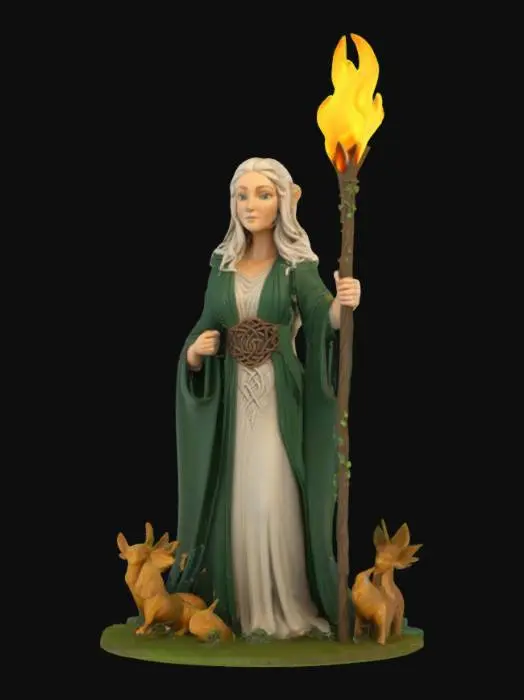 3D model for [Ireland] A stylized 3D depiction of Brigid, goddess of healing, poetry, and the forge. She stands tall with a staff entwined in flames and vines, and wears a flowing cloak with Celtic spirals and knotwork. Her form is stylized, clean, slightly cartoonish but powerful and serene. A great oak tree grows behind her, with animals resting at her feet. #AroundTheWorld#