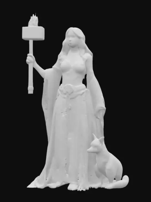 3D model for [Ireland] A stylized fantasy character design of Brigid, the Celtic goddess of healing, poetry, and blacksmithing. She stands confidently, wearing flowing robes engraved with subtle Celtic knotwork. Her right hand holds a glowing forge hammer or staff with soft embers rising from it. Her hair is fiery red or golden, flowing with magical energy. A subtle flame motif glows from her chest or around her shoulders. A small fox sits calmly at her feet. The background is plain white for clarity. The style is clean, slightly cartoonish, magical, and mythic — consistent with the stylized look of the MythGuided universe. #AroundTheWorld#