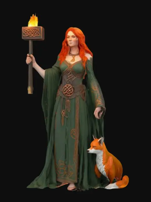 3D model for [Ireland] A stylized fantasy character design of Brigid, the Celtic goddess of healing, poetry, and blacksmithing. She stands confidently, wearing flowing robes engraved with subtle Celtic knotwork. Her right hand holds a glowing forge hammer or staff with soft embers rising from it. Her hair is fiery red or golden, flowing with magical energy. A subtle flame motif glows from her chest or around her shoulders. A small fox sits calmly at her feet. The background is plain white for clarity. The style is clean, slightly cartoonish, magical, and mythic — consistent with the stylized look of the MythGuided universe. #AroundTheWorld#