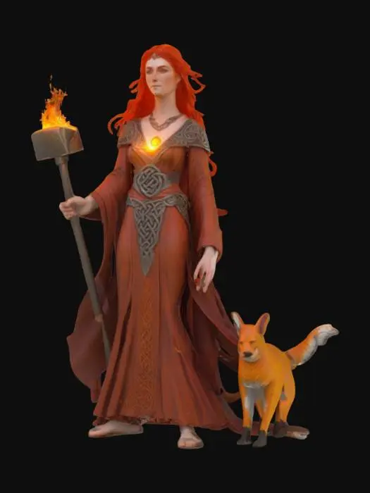 3D model for [Ireland] A stylized fantasy character design of Brigid, the Celtic goddess of healing, poetry, and blacksmithing. She stands confidently, wearing flowing robes engraved with subtle Celtic knotwork. Her right hand holds a glowing forge hammer or staff with soft embers rising from it. Her hair is fiery red or golden, flowing with magical energy. A subtle flame motif glows from her chest or around her shoulders. A small fox sits calmly at her feet. The background is plain white for clarity. The style is clean, slightly cartoonish, magical, and mythic — consistent with the stylized look of the MythGuided universe. #AroundTheWorld#