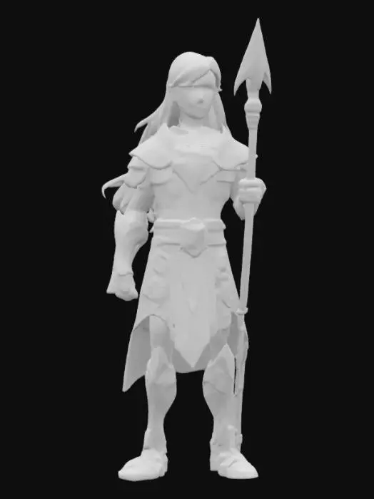 3D model for [Ireland] A stylized 3D figure of Lugh, youthful warrior and master of many arts. He stands holding a glowing spear, wrapped in silver and blue light, with ornate Celtic armor and flowing golden hair. His eyes shimmer with focused calm. The style is clean, stylized, and slightly cartoonish. #AroundTheWorld#