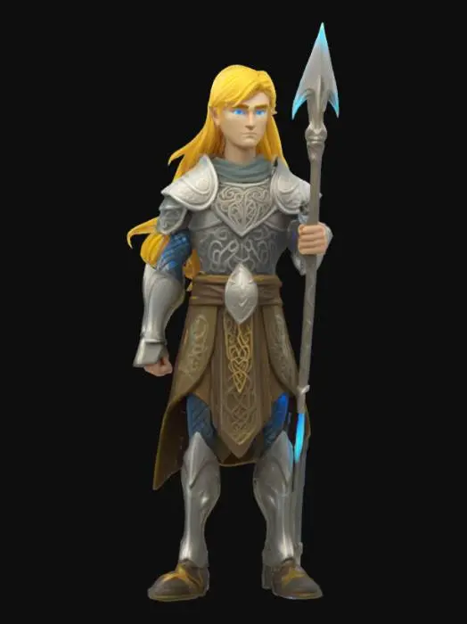 3D model for [Ireland] A stylized 3D figure of Lugh, youthful warrior and master of many arts. He stands holding a glowing spear, wrapped in silver and blue light, with ornate Celtic armor and flowing golden hair. His eyes shimmer with focused calm. The style is clean, stylized, and slightly cartoonish. #AroundTheWorld#