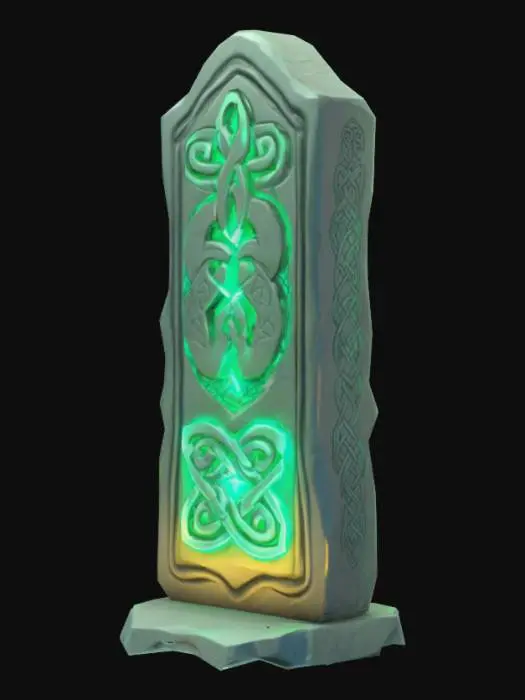 3D model for A stylized 3D game asset of a monumental standing stone with bright glowing Celtic knotwork across the surface, as if awakened by magic. The stone is smooth, ancient, and powerful, stylized and slightly cartoonish.