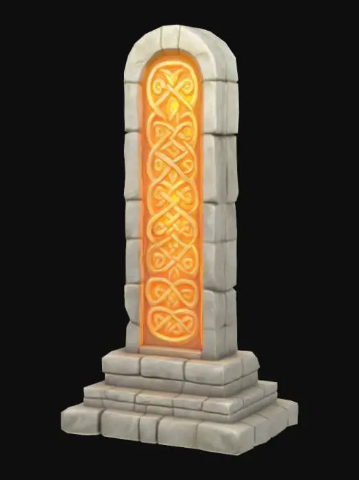 3D model for A stylized 3D game asset of a monumental standing stone with bright glowing Celtic knotwork across the surface, as if awakened by magic. The stone is smooth, ancient, and powerful, stylized and slightly cartoonish.