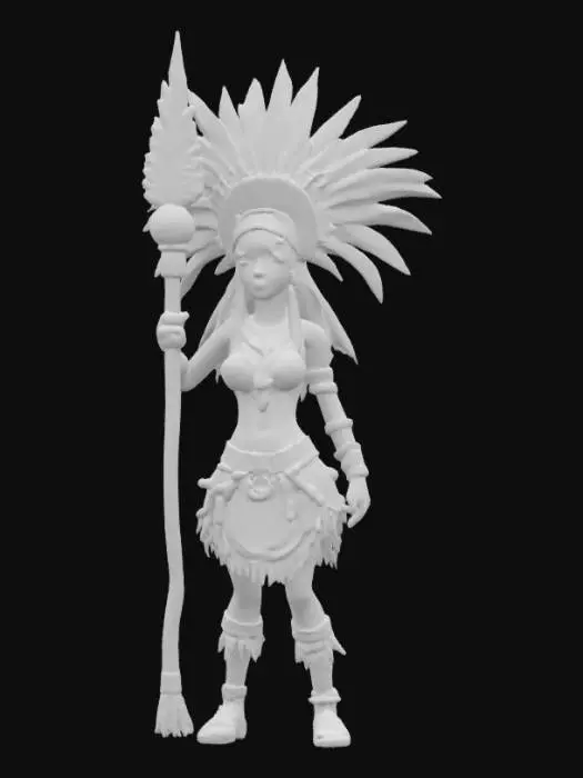 3D model for [Peru] stylized fantasy female shaman dancer, slim elegant body, body covered in shamanic colorful clothing, shamanic headdress on head, long groomed hair, detailed beautiful face, holding a staff in hand, extremely detailed high resolution texture, epic stance, slightly cartoonish and stylized #AroundTheWorld#