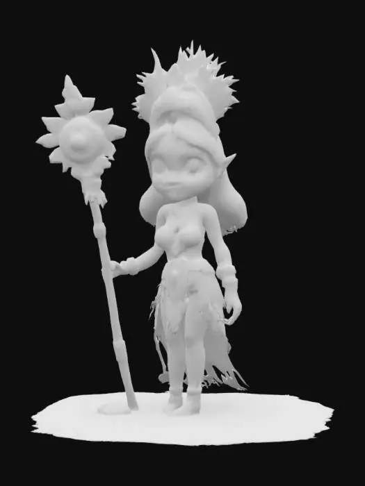 3D model for [Peru] stylized fantasy female shaman dancer, slim elegant body, body covered in shamanic colorful clothing, shamanic headdress on head, long groomed hair, detailed beautiful face, holding a staff in hand, extremely detailed high resolution texture, epic stance, slightly cartoonish and stylized #AroundTheWorld#