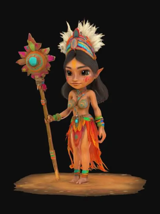 3D model for [Peru] stylized fantasy female shaman dancer, slim elegant body, body covered in shamanic colorful clothing, shamanic headdress on head, long groomed hair, detailed beautiful face, holding a staff in hand, extremely detailed high resolution texture, epic stance, slightly cartoonish and stylized #AroundTheWorld#