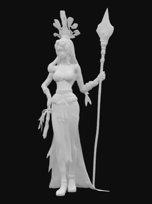 3D model for [Peru] stylized fantasy female shaman dancer, slim elegant body, body covered in shamanic colorful clothing, shamanic headdress on head, long groomed hair, detailed beautiful face, holding a staff in hand, extremely detailed high resolution texture, epic stance, slightly cartoonish and stylized #AroundTheWorld#