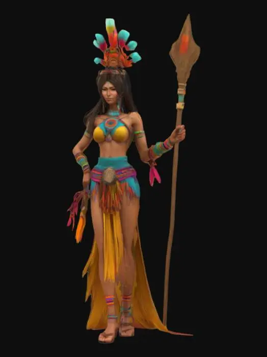 3D model for [Peru] stylized fantasy female shaman dancer, slim elegant body, body covered in shamanic colorful clothing, shamanic headdress on head, long groomed hair, detailed beautiful face, holding a staff in hand, extremely detailed high resolution texture, epic stance, slightly cartoonish and stylized #AroundTheWorld#