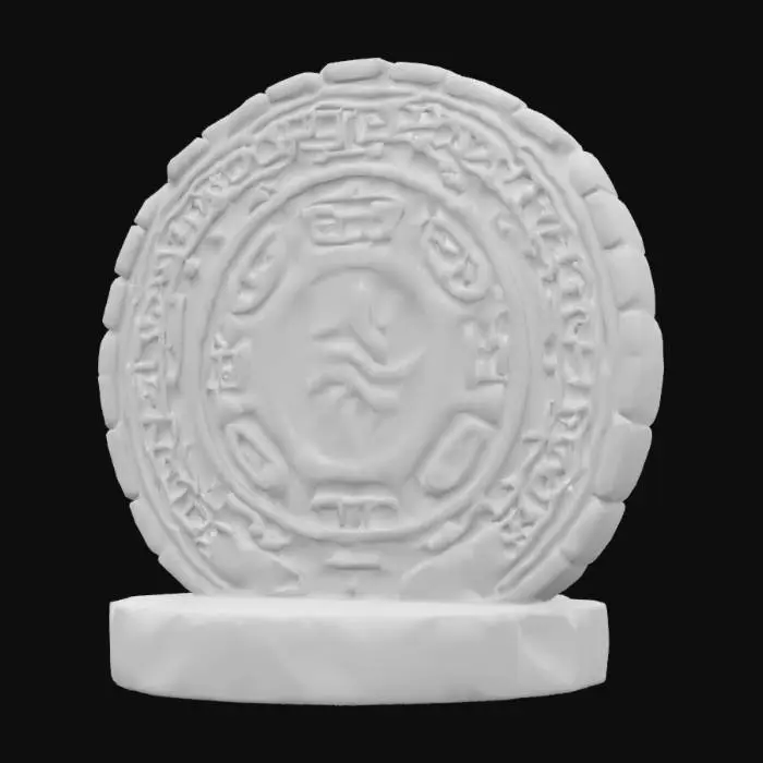 3D model for A circular ancient stone podium made of weathered stone and imbued with 5 glowing Celtic symbols. The design is clean, simplified, and slightly cartoonish.