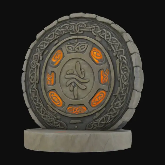 3D model for A circular ancient stone podium made of weathered stone and imbued with 5 glowing Celtic symbols. The design is clean, simplified, and slightly cartoonish.