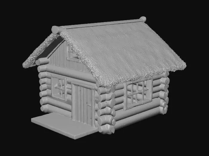 3D model for a simple wooden log farm house. one story with a low pitch straw roof. tiny sindows. the house sits at the corner of a square lot enclosed by a low wooden fence