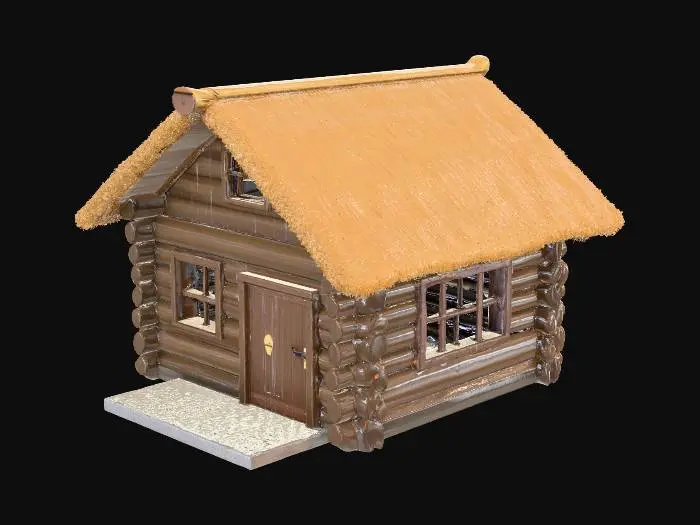 3D model for a simple wooden log farm house. one story with a low pitch straw roof. tiny sindows. the house sits at the corner of a square lot enclosed by a low wooden fence