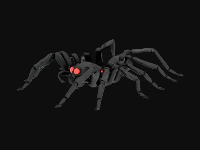 3D model for a black spider with red eyes and a 3 spike pattern on its back along with a pitchfork tail