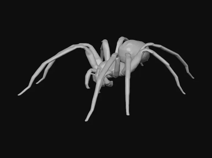3D model for a black spider with red eyes and a 3 spike pattern on its back. has a short tail with a pitch fork on the end