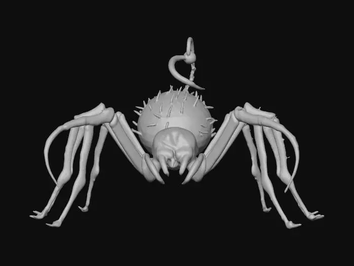 3D model for a black spider with red eyes and a 3 spike pattern on its back. has a short tail with a pitch fork on the end