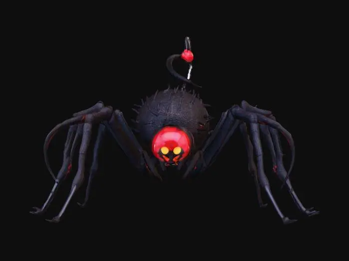 3D model for a black spider with red eyes and a 3 spike pattern on its back. has a short tail with a pitch fork on the end