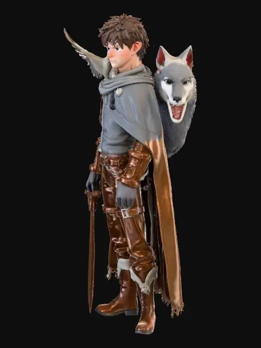 3D model for a teenage boy with a sword and a wolf next to him the person also has a bird on his shoulder