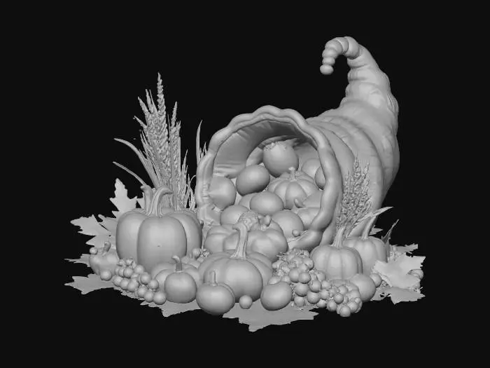 3D model for cornucopia filled and decorated with gourds, pumpkins, corn stalks. fruits such as apples, oranges, cranberries, and grapes. along with wheat stalks, and leaves,