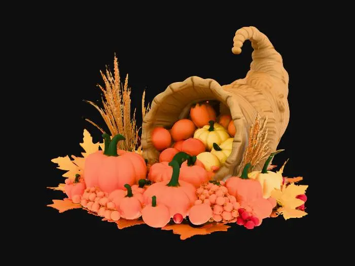 3D model for cornucopia filled and decorated with gourds, pumpkins, corn stalks. fruits such as apples, oranges, cranberries, and grapes. along with wheat stalks, and leaves,
