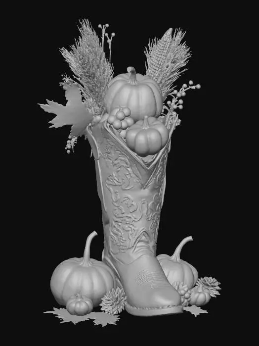 3D model for #Thanksgiving#
cowboy boot filled with fall decor.  Pumpkins, gourds, leaves, pinecones, pine sprigs, apples, grapes, corn and wheat.