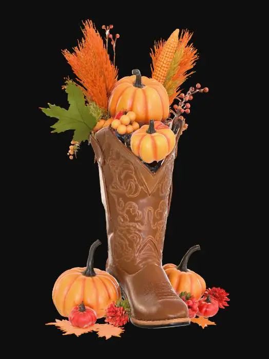 3D model for #Thanksgiving#
cowboy boot filled with fall decor.  Pumpkins, gourds, leaves, pinecones, pine sprigs, apples, grapes, corn and wheat.