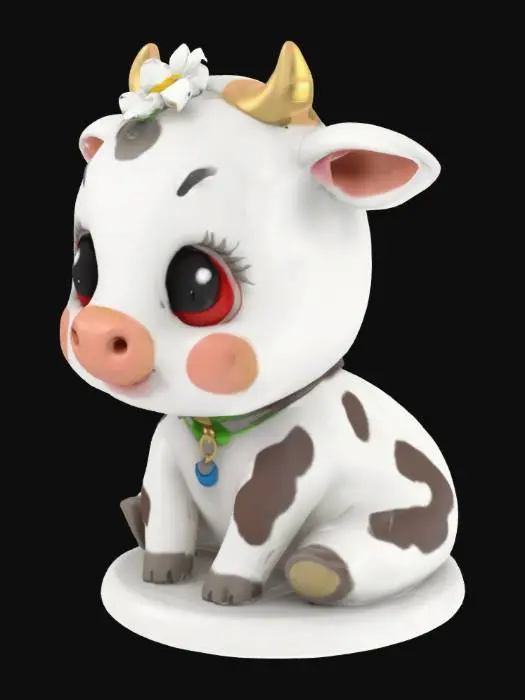 3D model for A kawaii-style cow optimized for 3D printing. With a bell around its neck and an edelweiss as decoration on the head. sitting on a round base
Ceramic, Soft, Sitting, Symmetrical Body, Pixar-Style