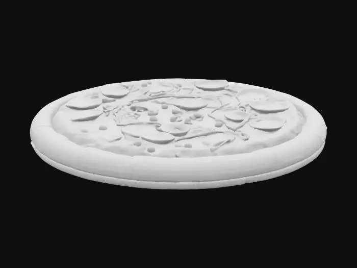3D model for A semi-realistic frozen pizza, circular shape, visible frost and ice crystals on the surface, toppings like pepperoni, cheese, and vegetables slightly frosted over, cold muted colors (light red, pale yellow, light green), plastic-wrapped look or placed on a cardboard tray, designed as a 3D game asset, medium detail level, slightly cartoonish for a playful style.