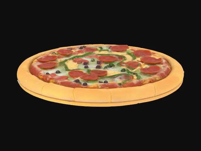 3D model for A semi-realistic frozen pizza, circular shape, visible frost and ice crystals on the surface, toppings like pepperoni, cheese, and vegetables slightly frosted over, cold muted colors (light red, pale yellow, light green), plastic-wrapped look or placed on a cardboard tray, designed as a 3D game asset, medium detail level, slightly cartoonish for a playful style.