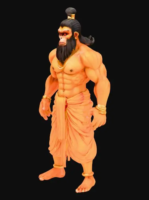3D model for A powerful humanoid monkey warrior (god hanuman) with golden-orange (tawny) skin . Strong six-pack abs, muscular chest and arms like a bodybuilder, with tail and divine posture. with glowing red eyes (like fire), diamond-white teeth, and a fearless expression. Tall and broad-shouldered, with a heroic stance. Wearing traditional dhoti, sacred thread (yajnopavita), and golden ornaments on arms and chest. Hair is long and tied top-knot (jata). Style: high-quality mythological realism. Beautiful face cuts.