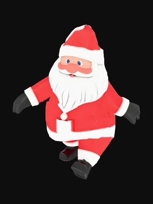 3D model for Santa Claus standing in T-pose for animation rigging,
  arms stretched out horizontally, legs slightly apart,
  cartoon stylized, low poly, red suit, white beard,
  black boots, christmas hat, front view,
  clear body proportions, no accessories
