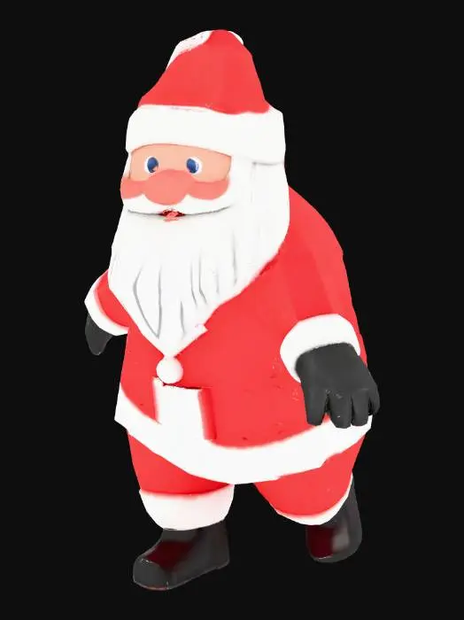 3D model for Santa Claus standing in T-pose for animation rigging,
  arms stretched out horizontally, legs slightly apart,
  cartoon stylized, low poly, red suit, white beard,
  black boots, christmas hat, front view,
  clear body proportions, no accessories
