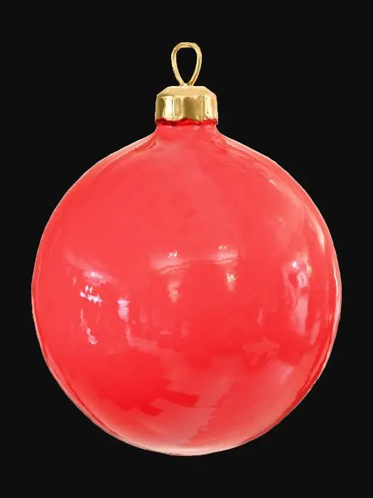 3D model for Shiny red Christmas bauble ornament, smooth glass sphere with metallic gold cap, small decorative hook, subtle white specular highlights, soft inner glow effect, festive stop button for mobile game, clean minimal design, optimized low-poly 3D model, single object centered, no background