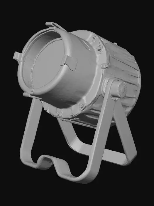 3D model for A classic, industrial PAR Can stage light. It should have a robust, cylindrical aluminum body, a rounded front lens with a visible lamp inside, and a sturdy U-shaped yoke for mounting. The color should be a dark, matte grey or black, with visible rivets or fasteners on the body. It should look functional and ready to be mounted on a truss.