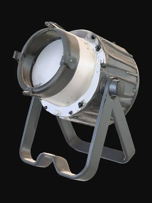 3D model for A classic, industrial PAR Can stage light. It should have a robust, cylindrical aluminum body, a rounded front lens with a visible lamp inside, and a sturdy U-shaped yoke for mounting. The color should be a dark, matte grey or black, with visible rivets or fasteners on the body. It should look functional and ready to be mounted on a truss.