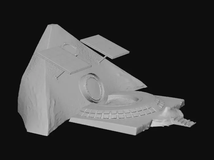3D model for 3D render, exterior view of a buried pyramid habitat on Mars. Only top third visible
above red-orange dusty surface. Dark sintered regolith texture, circular airlock
hatch at the tip, two flat solar panels deployed nearby. Subtle horizontal seam
lines on exposed surface. Martian sunset lighting, reddish sky, long shadows,
cinematic low angle. Photorealistic sci-fi concept art, ultra detailed. --ar 16:9