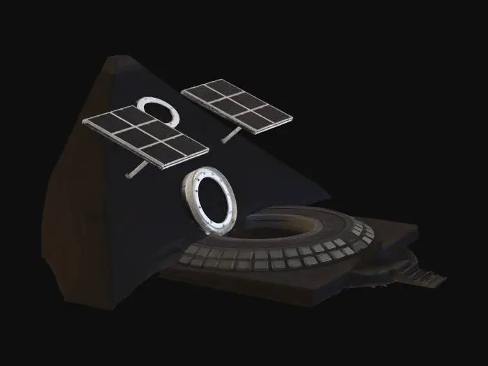 3D model for 3D render, exterior view of a buried pyramid habitat on Mars. Only top third visible
above red-orange dusty surface. Dark sintered regolith texture, circular airlock
hatch at the tip, two flat solar panels deployed nearby. Subtle horizontal seam
lines on exposed surface. Martian sunset lighting, reddish sky, long shadows,
cinematic low angle. Photorealistic sci-fi concept art, ultra detailed. --ar 16:9