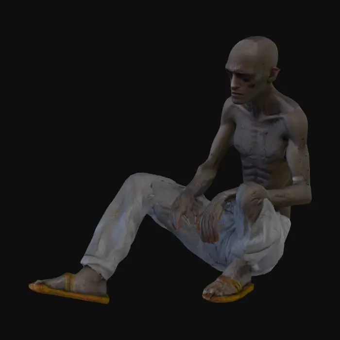 3D model for A 3D character model of a thin, exhausted man sitting against a decayed wall, highly detailed textures, realistic proportions, gritty horror style, cinematic lighting. Rendered in Unreal Engine style, with PBR textures, game-ready asset.