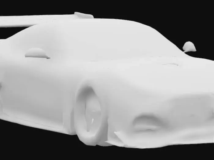 3D model for A low-poly PSX-style 3D model of a silver Mercedes-AMG GT Black Series with a wide body kit, aggressive aerodynamic parts including a large rear wing, front splitter, and hood vents. Retro PlayStation 1 style with pixelated textures, minimal polygon count, and flat shading. Showcase all angles: front grille with vertical slats, quad exhaust rear, and side profile with black multi-spoke wheels.
