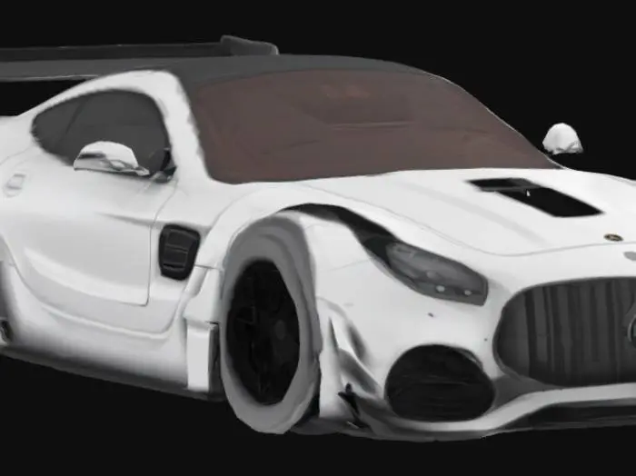3D model for A low-poly PSX-style 3D model of a silver Mercedes-AMG GT Black Series with a wide body kit, aggressive aerodynamic parts including a large rear wing, front splitter, and hood vents. Retro PlayStation 1 style with pixelated textures, minimal polygon count, and flat shading. Showcase all angles: front grille with vertical slats, quad exhaust rear, and side profile with black multi-spoke wheels.