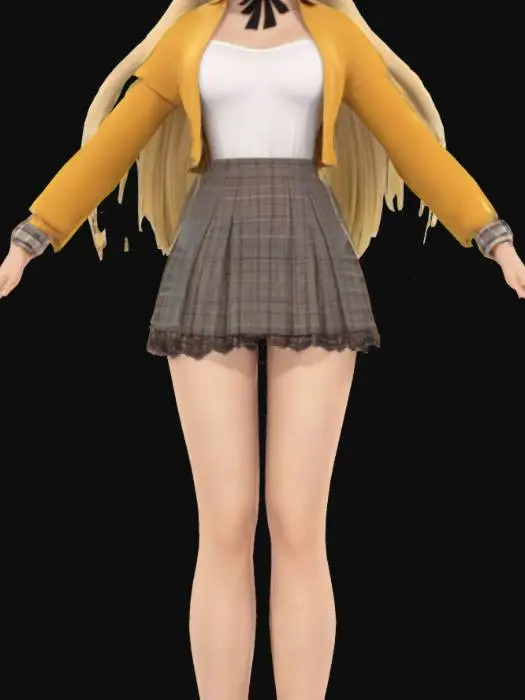 3D model for A high-poly 3D model of a stylish anime-inspired female character with long blonde hair in a high ponytail tied with a black ribbon. She has big, expressive eyes with light makeup. The outfit includes a tight white blouse partially open revealing a black lace innerwear, a short plaid skirt in beige and brown tones, and a yellow sweater tied around her waist. Accessories include gold bracelets, a black choker, a necklace with a "P" pendant, and Dior shopping bags. The character is in a standard A-pose with arms slightly angled downward, ready for rigging. The style should be detailed, semi-realistic anime with smooth, realistic fabric textures and carefully sculpted hair strands.