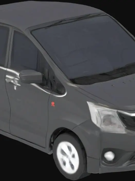 3D model for A low-poly PSX-style 3D model of a black Toyota Avanza MPV, first generation. Features a compact, boxy design with smooth curves, four doors, and a tall roofline. Include simplified headlights, front grille with the Toyota logo, and basic five-spoke wheels. Retro PlayStation 1 style with pixelated textures, flat shading, and minimal polygon detail. Views should represent front, side, and rear with exaggerated proportions typical of old racing games.